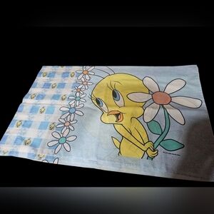 Vintage 1998 Tweety Bird Pillowcase • Looney Tunes Floral Daisy Print • The Bibb